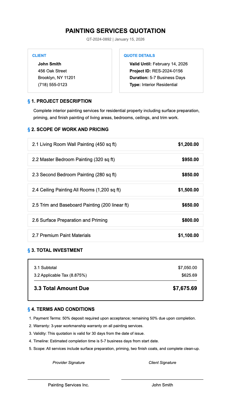 Plain contract painting quotation